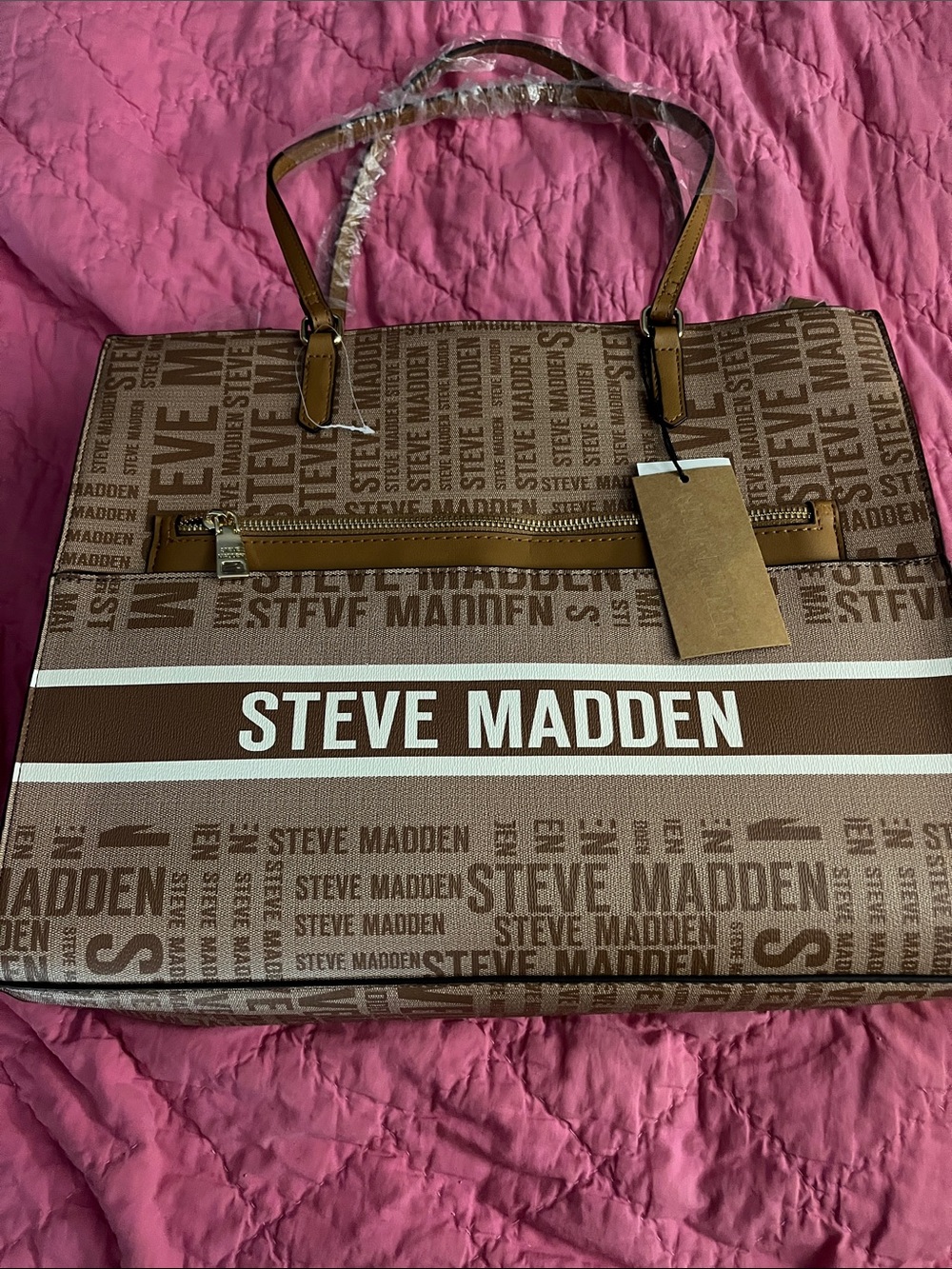 Steve Madden Brown and White Logo Carryall Tote New